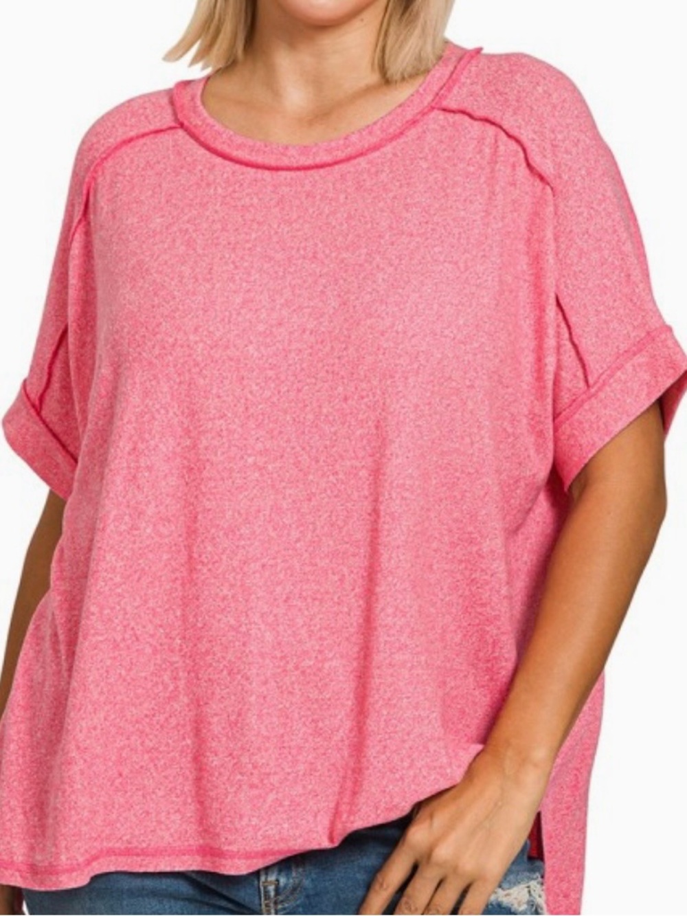 Zenana Outfitters Heathered Coral Short Sleeve Hacci Relaxed Tee